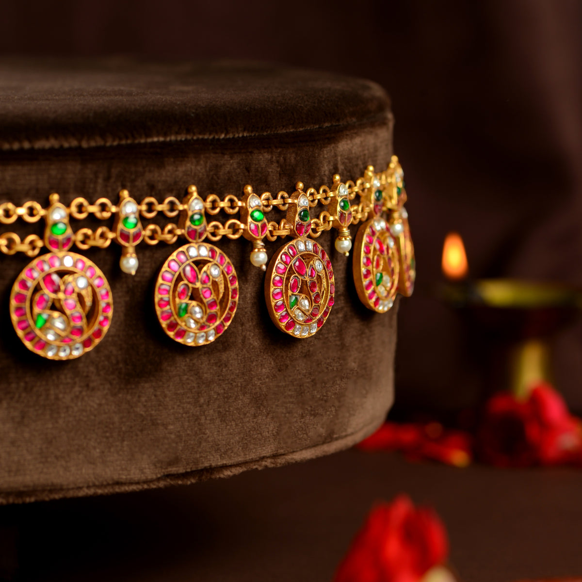 Ruby Emerald Kundan Vaddanam by Tavya Jewellery - styled close-up