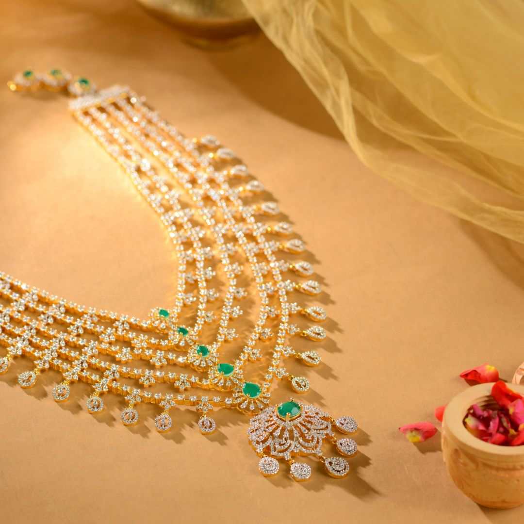 Silver CZ Designer Emerald Long Haram by Tavya Jewellery - side view