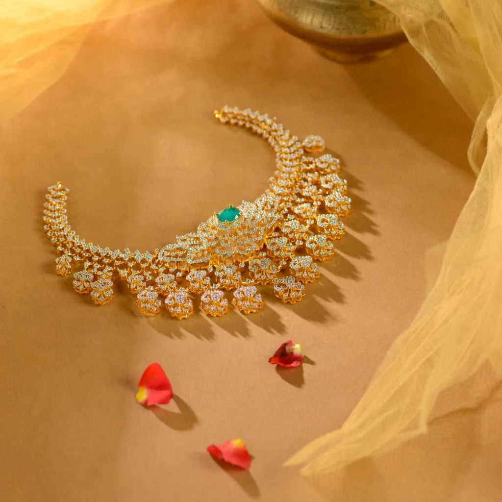 92.5 Silver CZ Designer Emerald Statement Necklace by Tavya Jewellery - side view