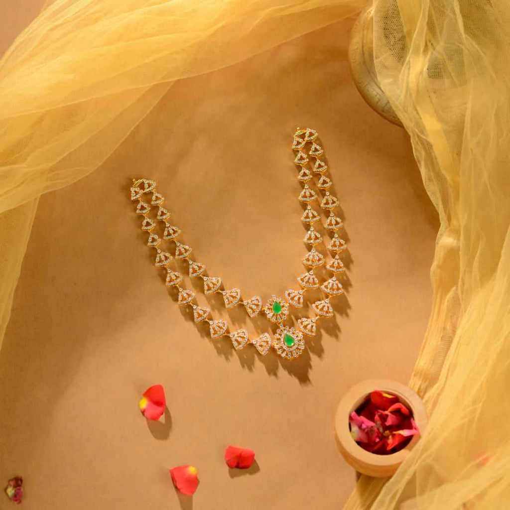 CZ Silver Chadha Haram with Emerald Stones by Tavya Jewellery - front view