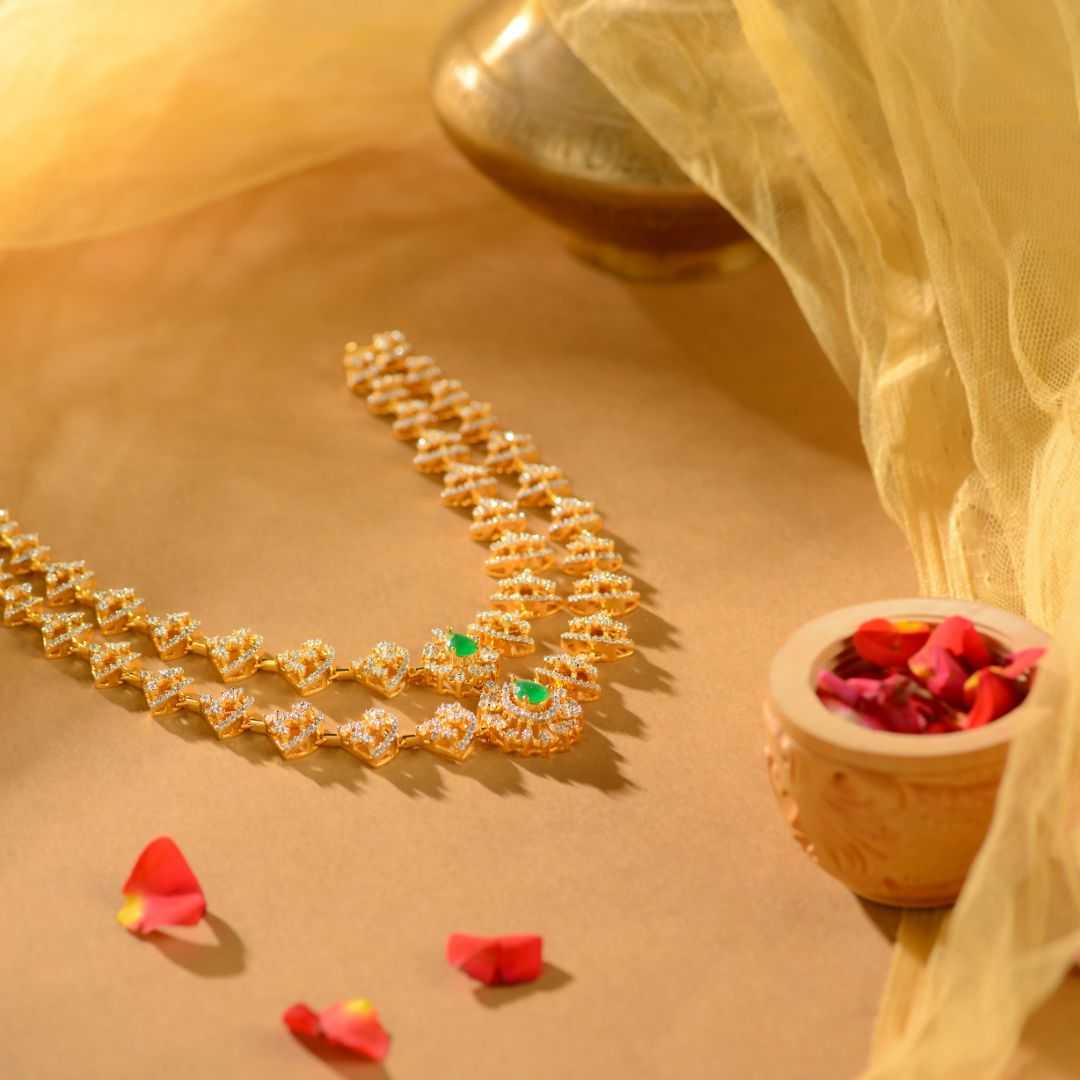 CZ Silver Chadha Haram with Emerald Stones by Tavya Jewellery - side view