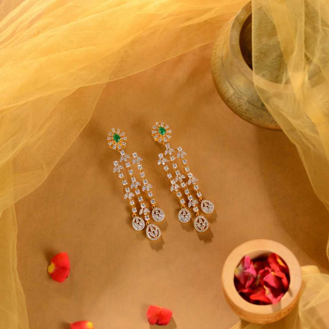 92.5 Silver CZ Emerald Drop Earrings by Tavya Jewellery - front view