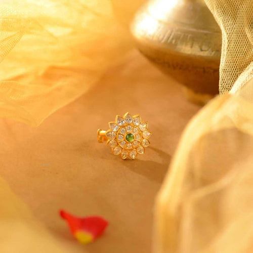 92.5 Silver CZ Floral Finger Ring with Green Stone by Tavya Jewellery - front view