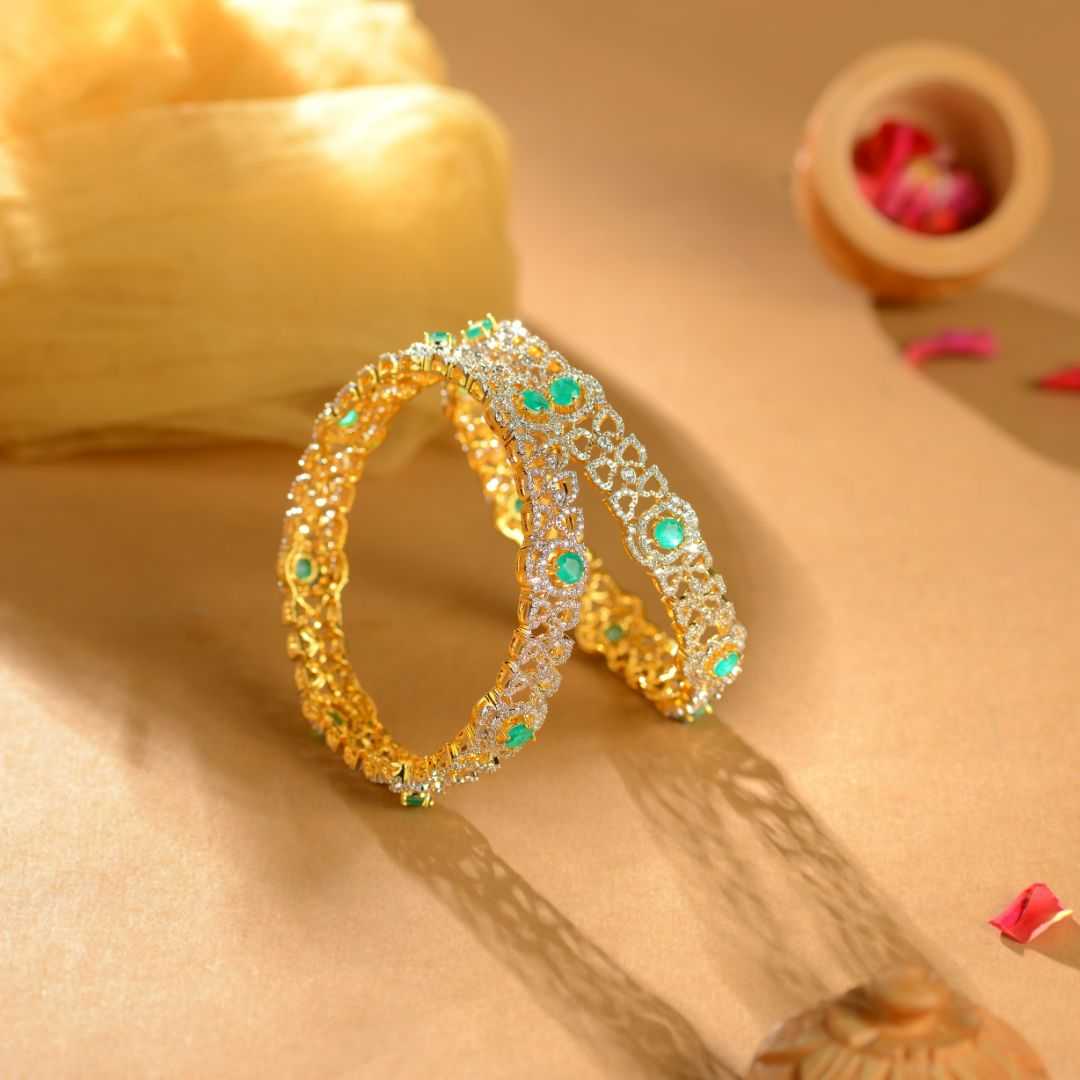Emerald Designer Silver CZ Bangles by Tavya Jewellery - front view