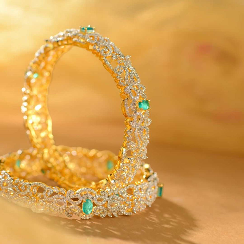 Emerald Designer Silver CZ Bangles by Tavya Jewellery - styled close-up