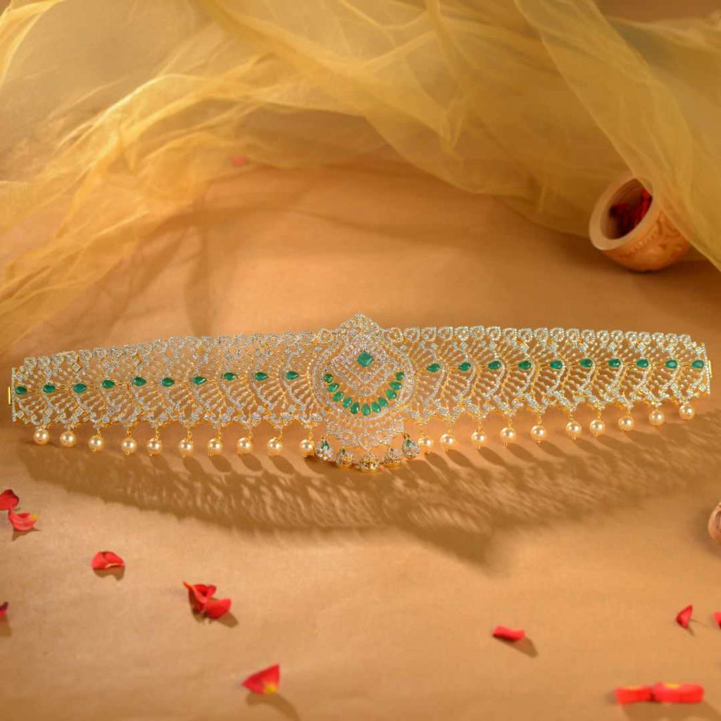 Designer Emerald Silver CZ Vaddanam by Tavya Jewellery - front view