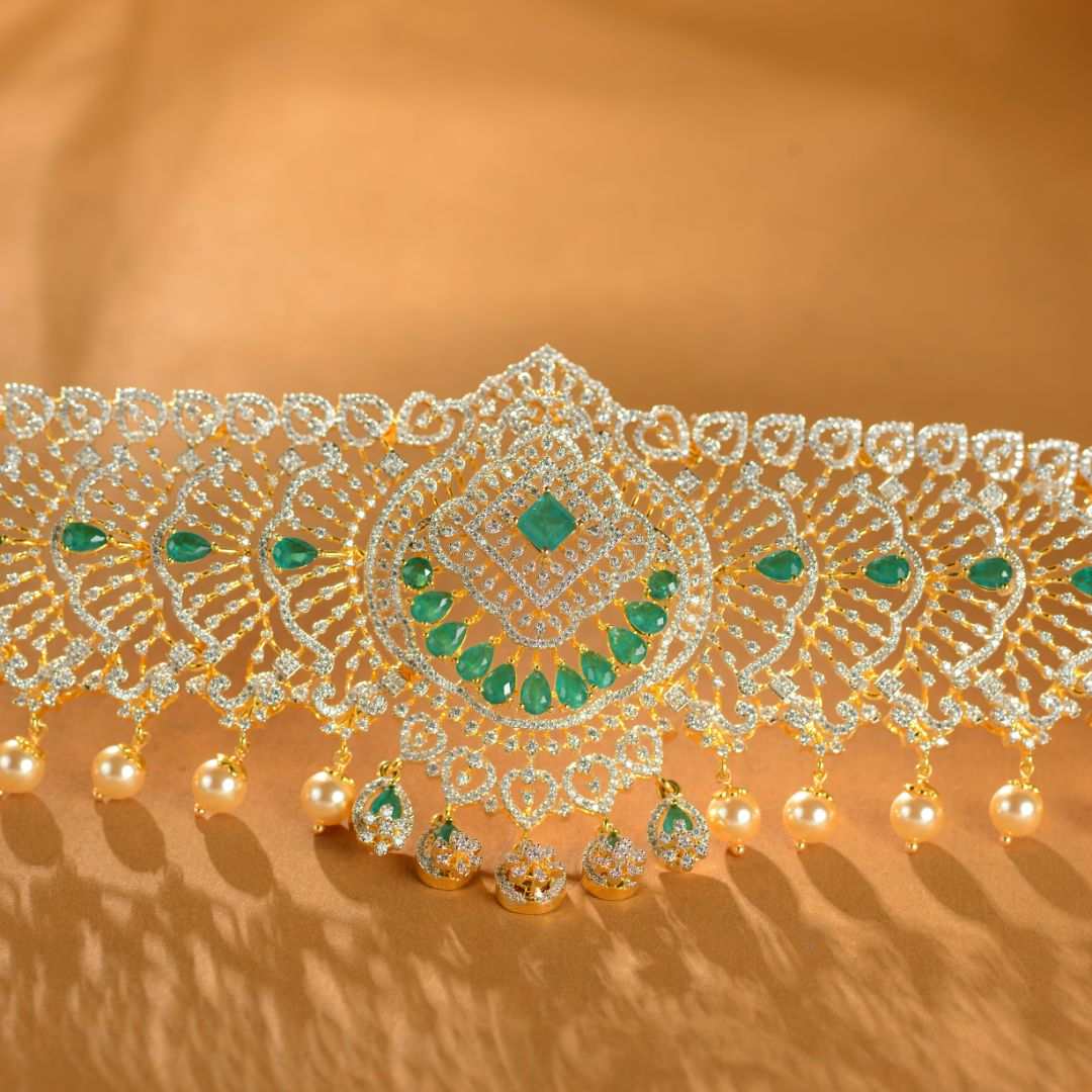 Designer Emerald Silver CZ Vaddanam by Tavya Jewellery - side view