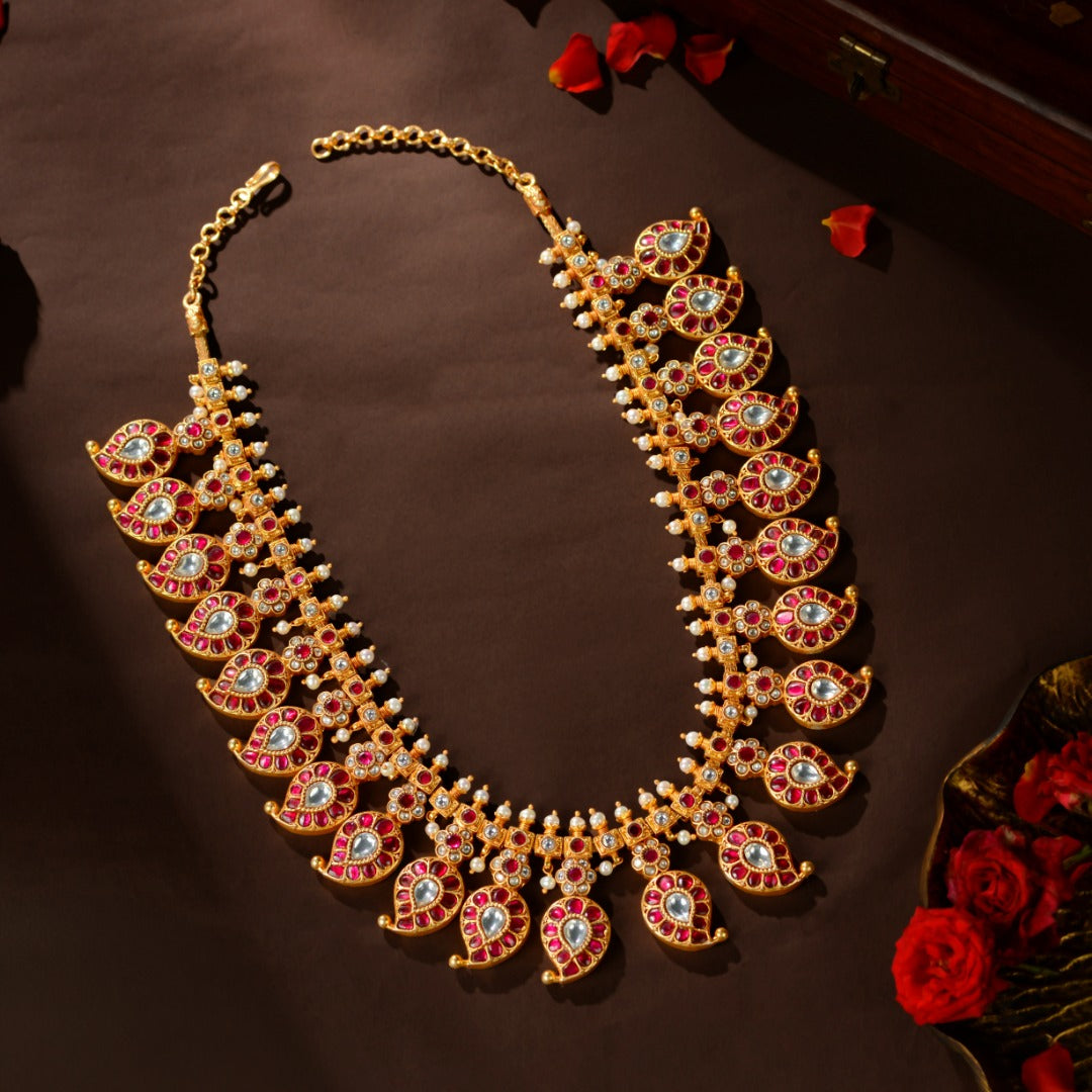 92.5 Silver Royal Kundan Mango Leaf Haram by Tavya Jewellery - front view