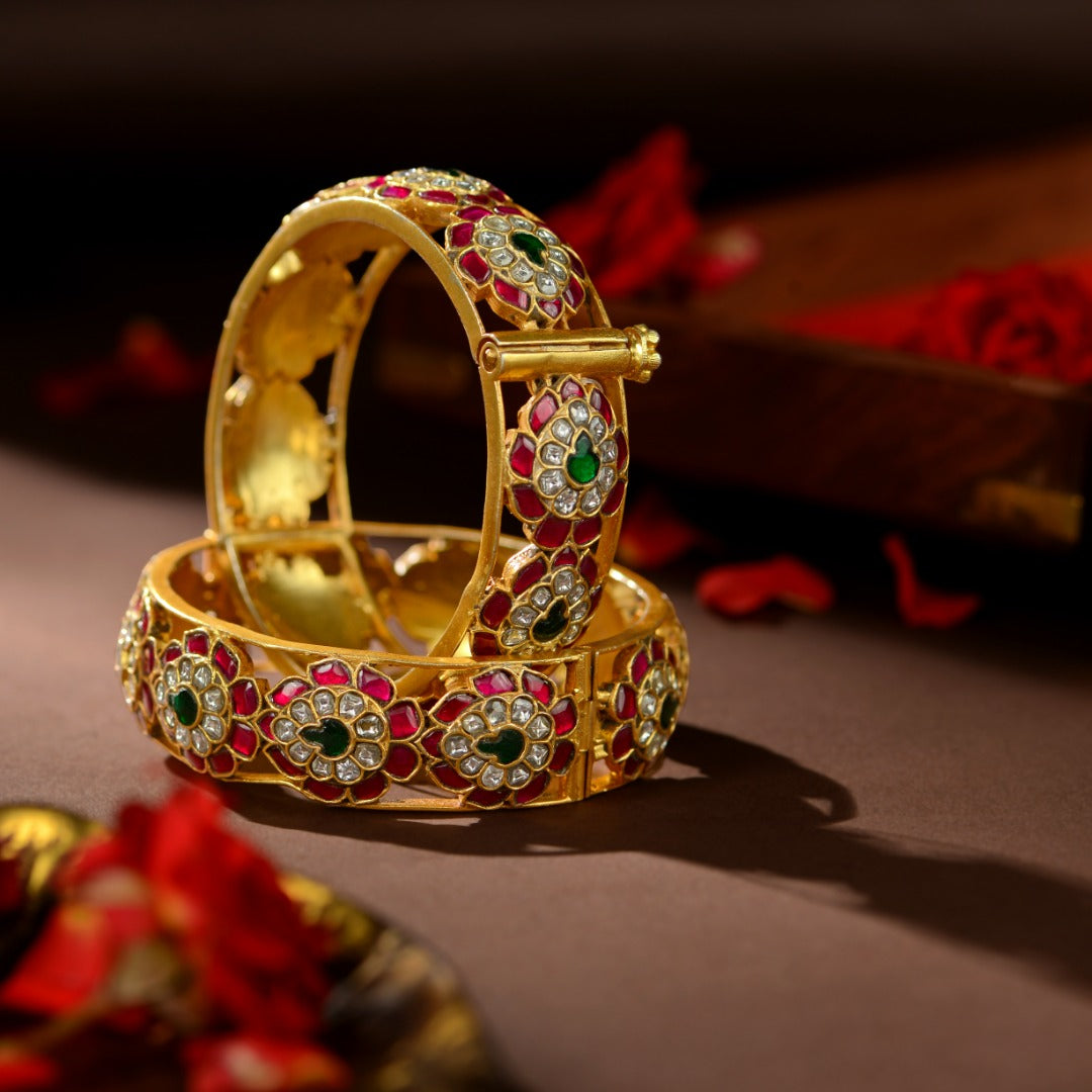 92.5 Silver Royal Floral Kundan Kada Bangles by Tavya Jewellery - front view