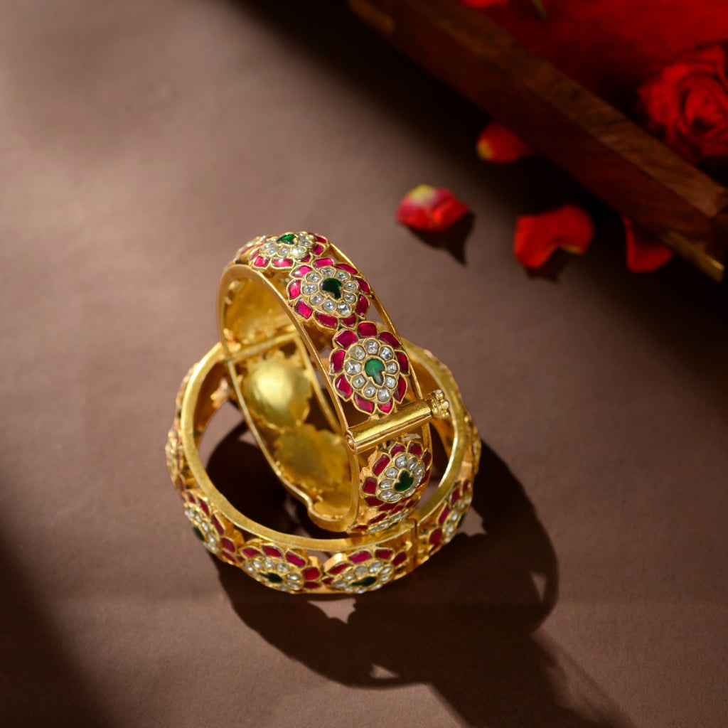 92.5 Silver Royal Floral Kundan Kada Bangles by Tavya Jewellery - side view