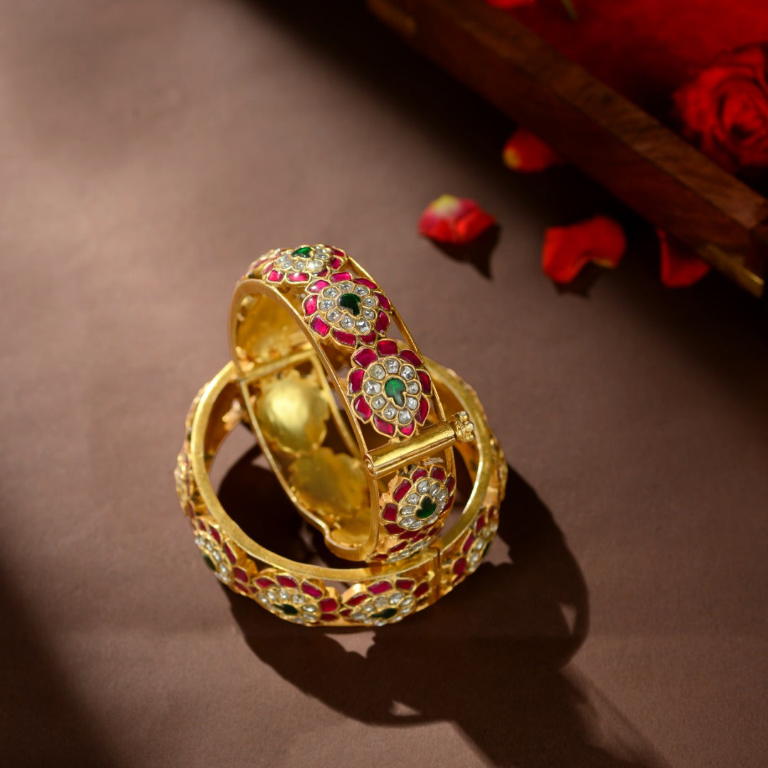 92.5 Silver Royal Floral Kundan Kada Bangles by Tavya Jewellery - side view