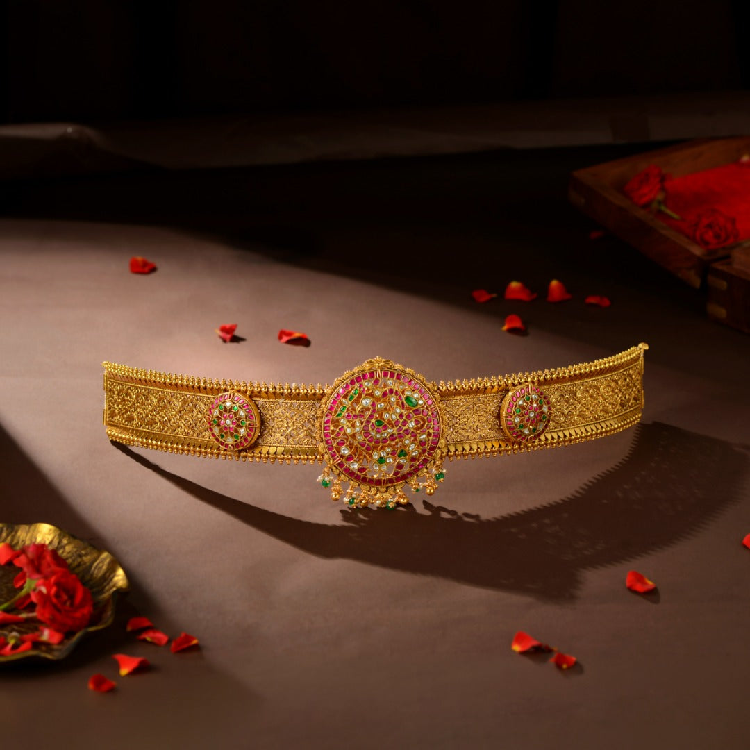 92.5 Silver Kundan Peacock Vaddanam by Tavya Jewellery - front view