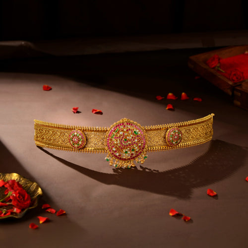 92.5 Silver Kundan Peacock Vaddanam by Tavya Jewellery - front view