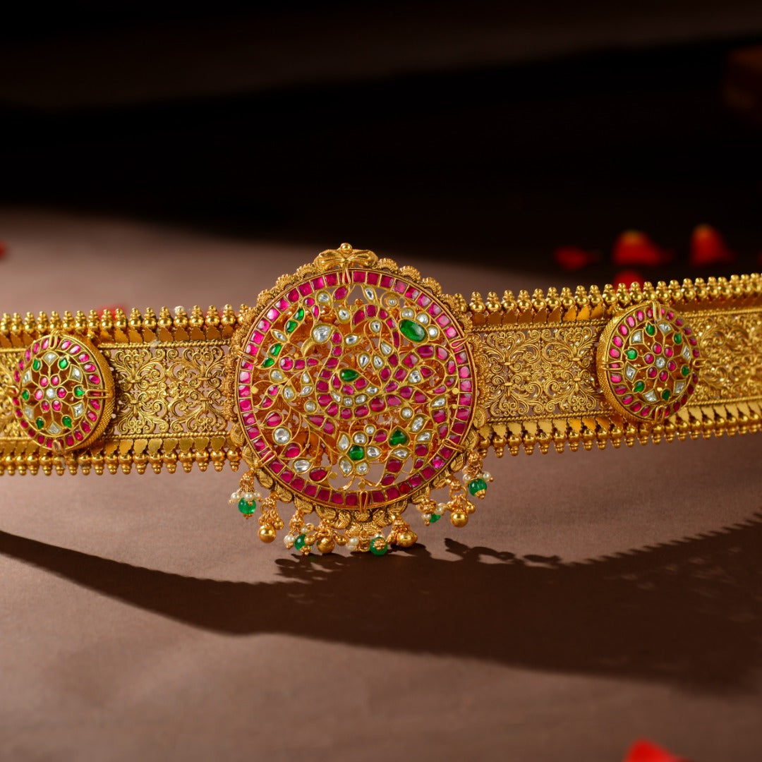 92.5 Silver Kundan Peacock Vaddanam by Tavya Jewellery - styled close-up