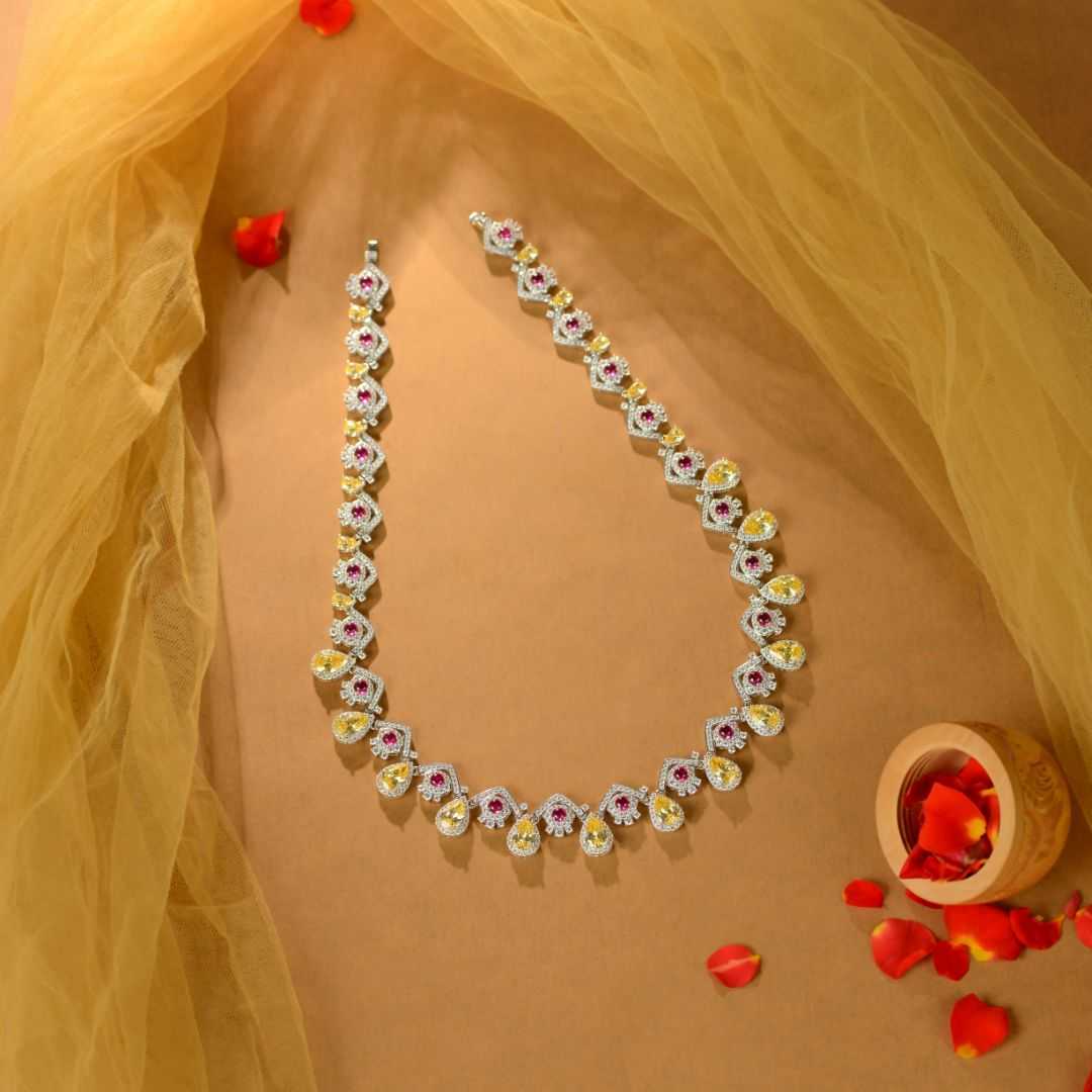 Pear Cut Yellow Pink CZ Statement Necklace by Tavya Jewellery - front view