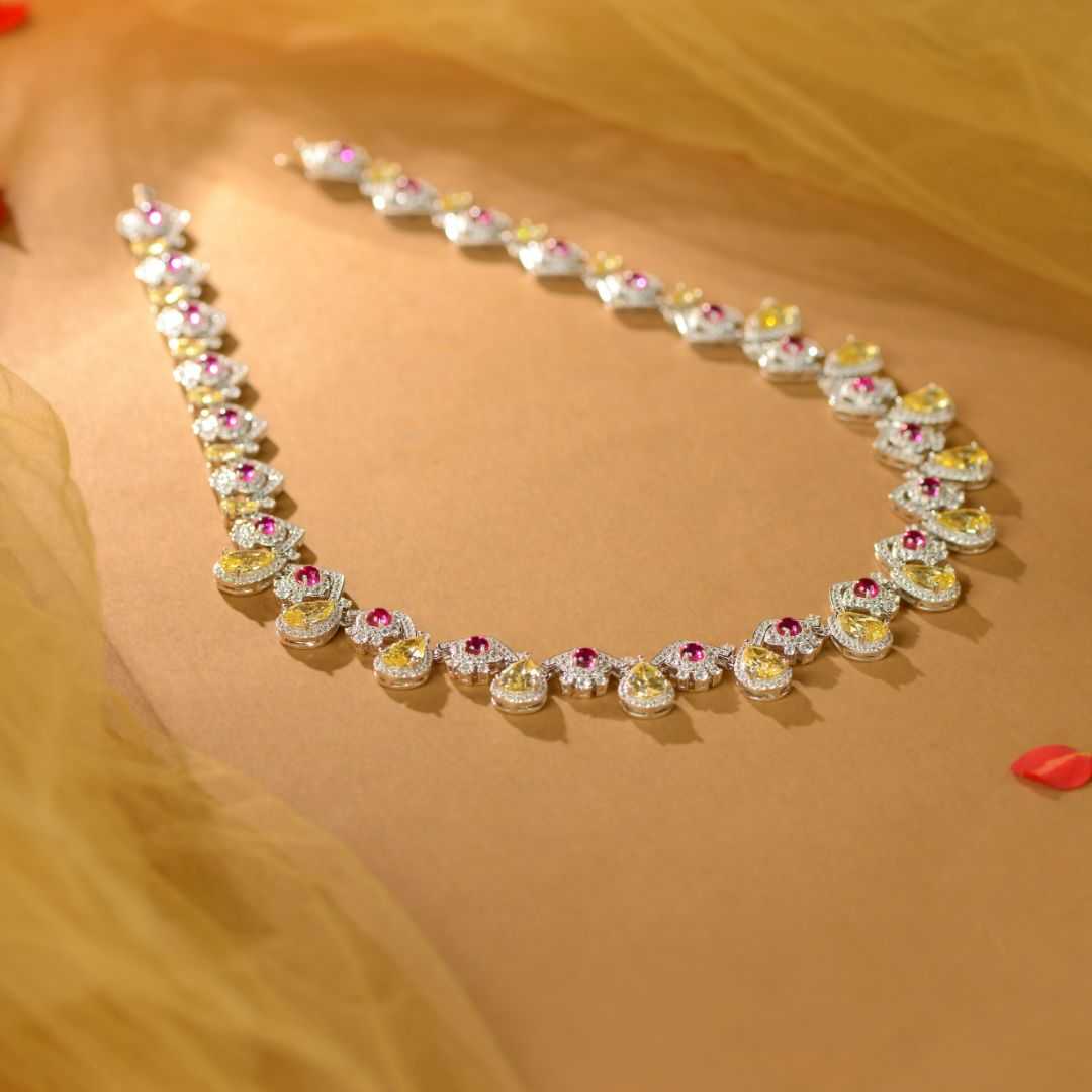 Pear Cut Yellow Pink CZ Statement Necklace by Tavya Jewellery - side view