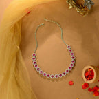 Pink Ruby White Silver CZ Halo Necklace Set by Tavya Jewellery - front view