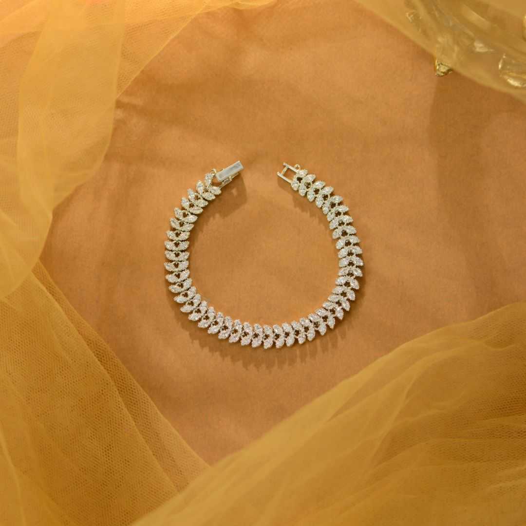 White Sparkling Silver CZ Leaf Bracelet by Tavya Jewellery - front view