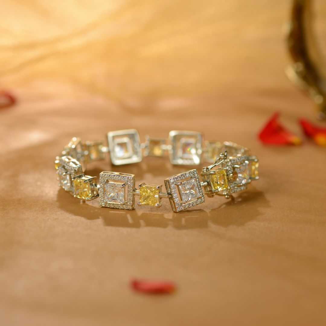 Yellow White Silver CZ Square Bracelet by Tavya Jewellery - front view