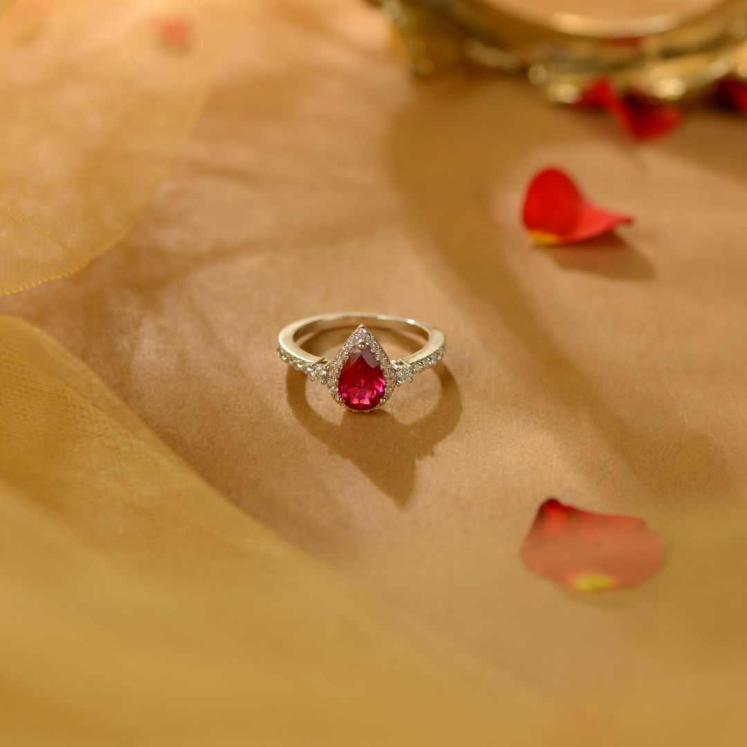 Ruby White Silver CZ Halo Ring by Tavya Jewellery - front view