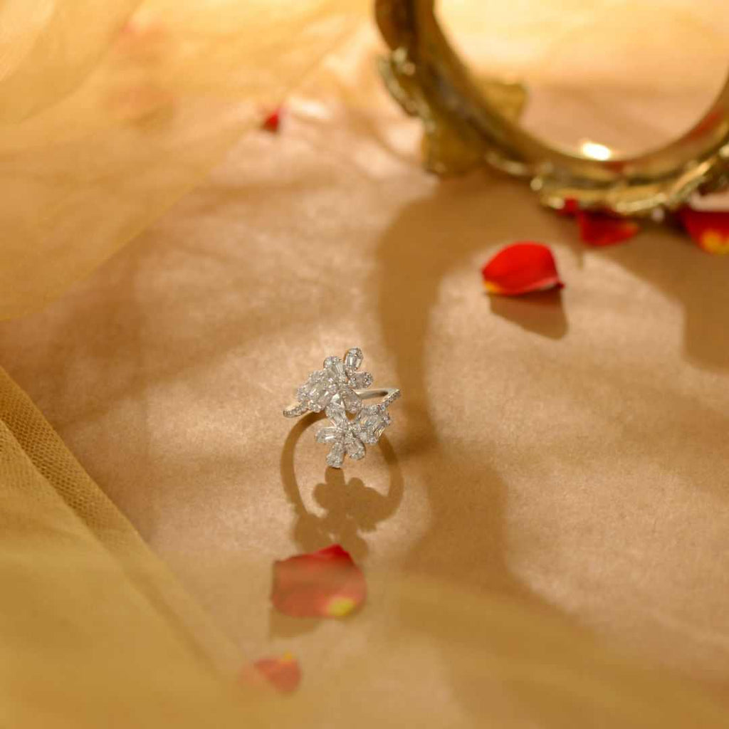 White Sparkling Silver CZ Floral Ring by Tavya Jewellery - front view