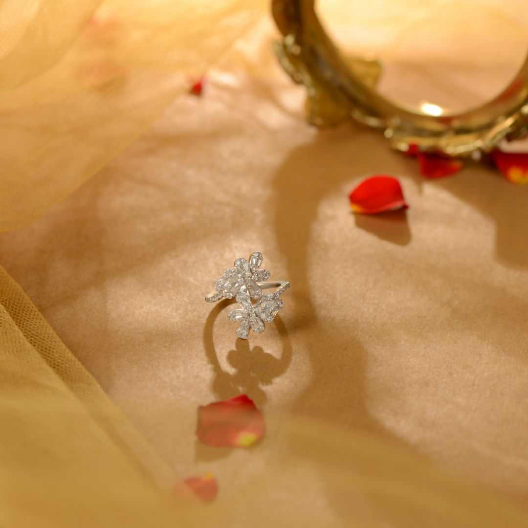 White Sparkling Silver CZ Floral Ring by Tavya Jewellery - front view