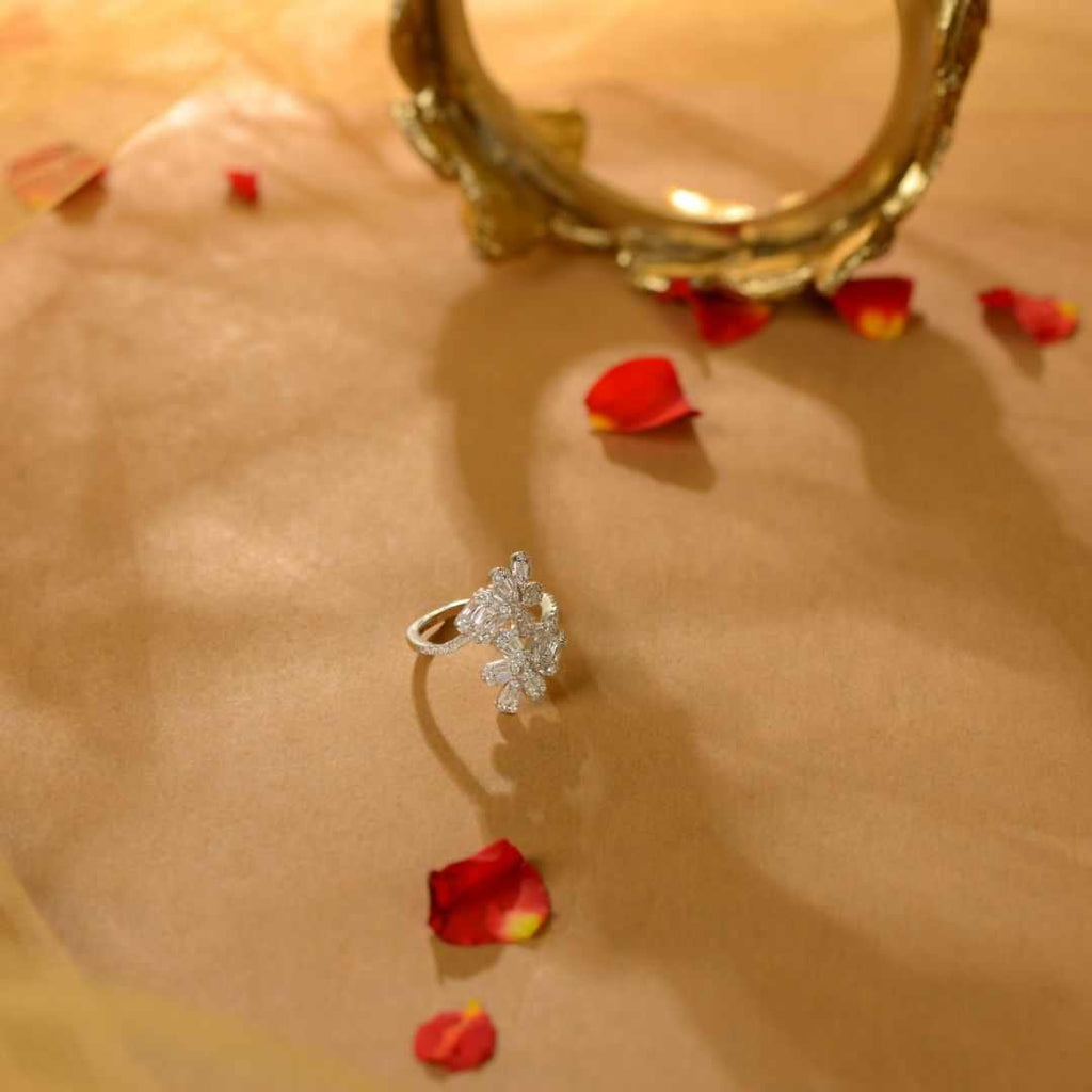 White Sparkling Silver CZ Floral Ring by Tavya Jewellery - side view
