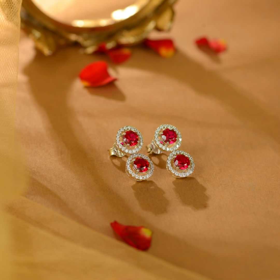 Pink Ruby White Silver CZ Halo Necklace Set by Tavya Jewellery - side view
