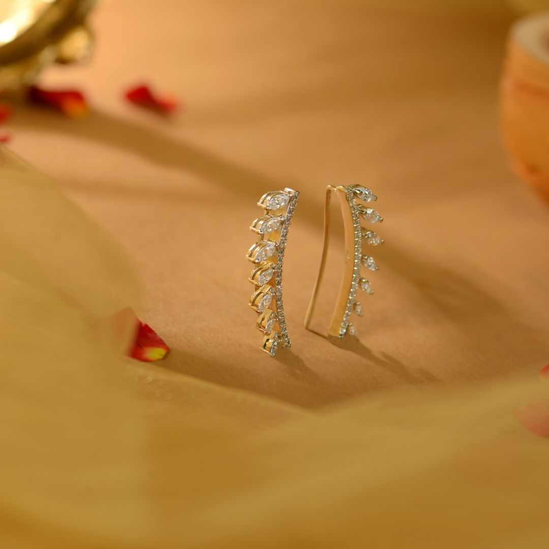 White Sparkling Silver CZ Leaf Ear Climbers by Tavya Jewellery - side view
