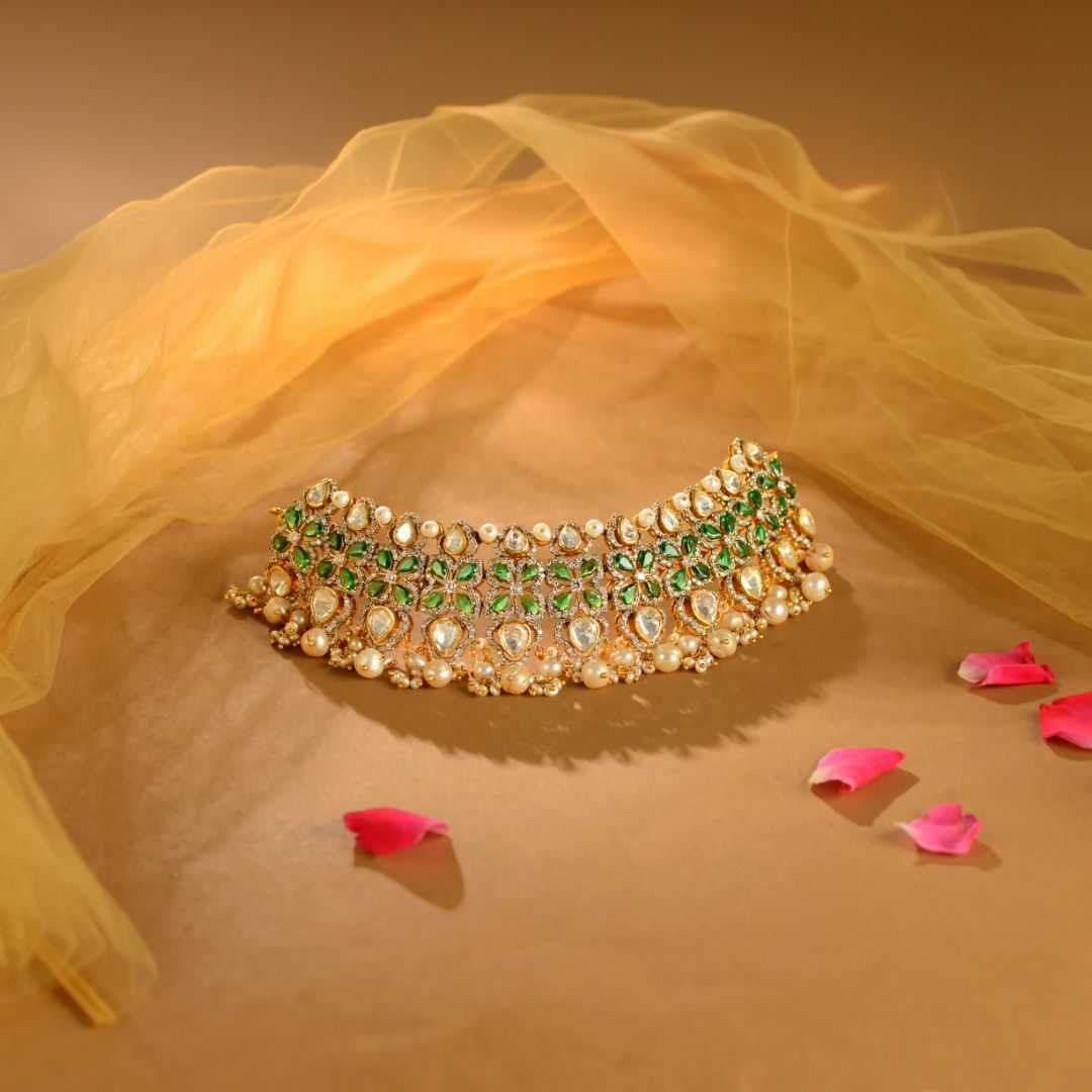 92.5 Sterling Silver Kundan Choker with Pearl Drops by Tavya Jewellery - front view
