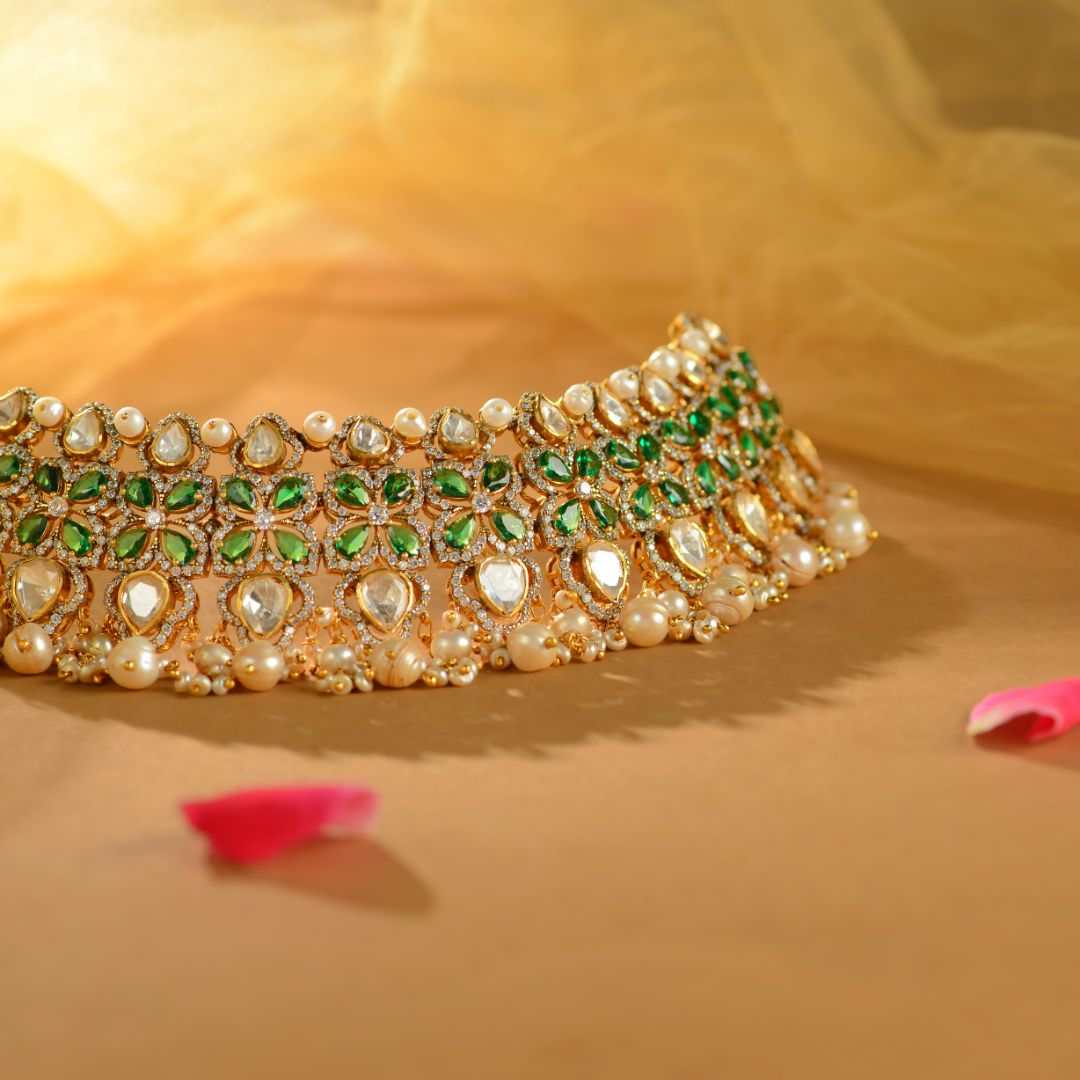 92.5 Sterling Silver Kundan Choker with Pearl Drops by Tavya Jewellery - side view