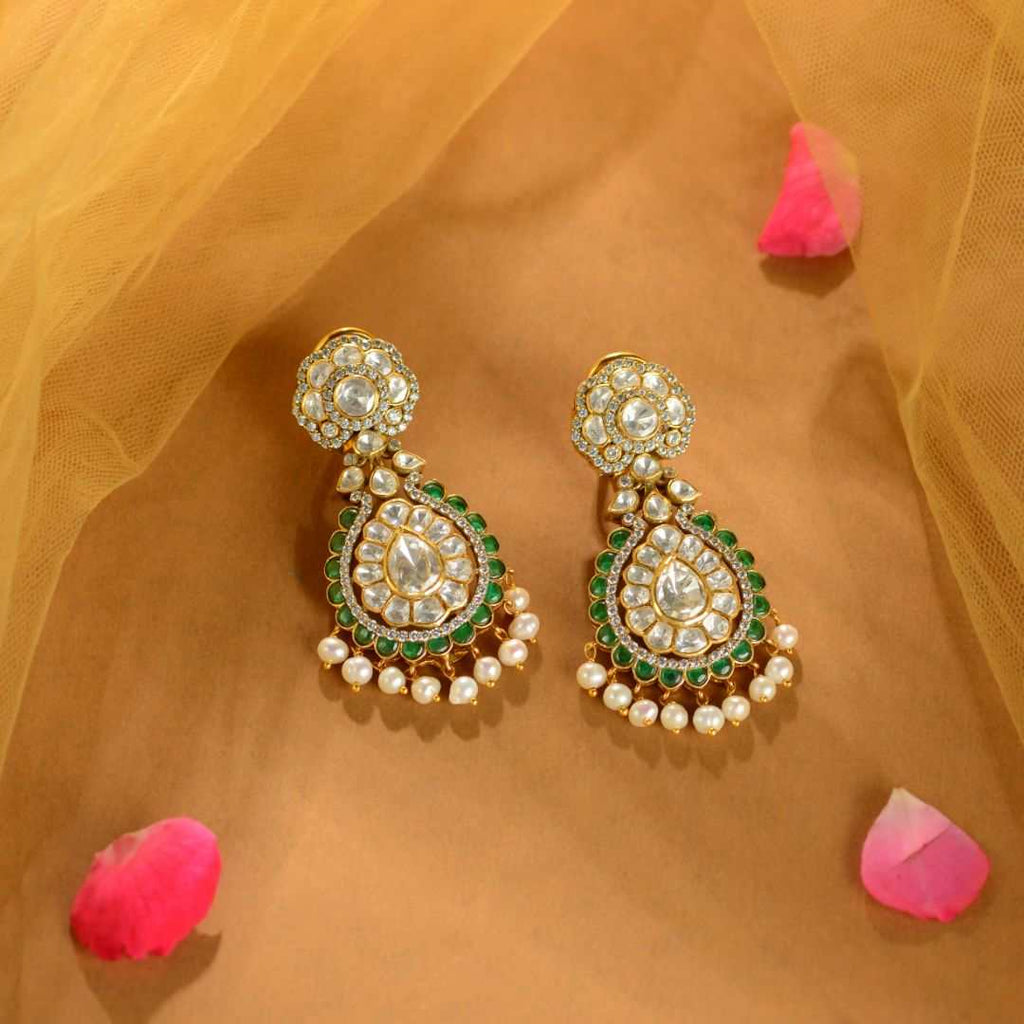 92.5 Silver Emerald Kundan Pearl Drop Earrings by Tavya Jewellery - front view