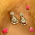 92.5 Silver Emerald Kundan Pearl Drop Earrings by Tavya Jewellery - front view
