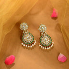 92.5 Silver Emerald Kundan Pearl Drop Earrings by Tavya Jewellery - front view