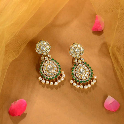 92.5 Silver Emerald Kundan Pearl Drop Earrings by Tavya Jewellery - front view