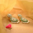 92.5 Silver Emerald Kundan Pearl Drop Earrings by Tavya Jewellery - side view