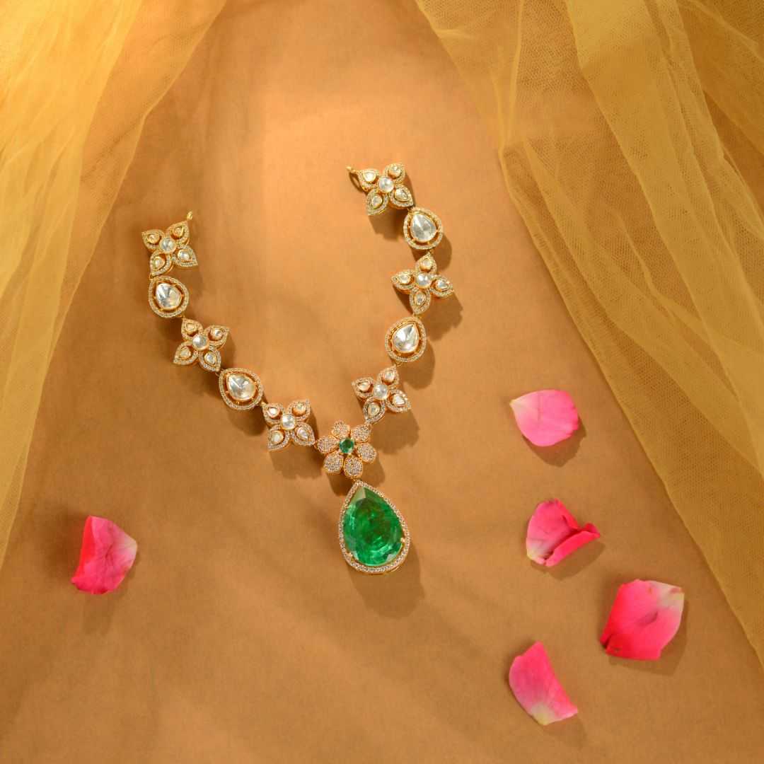 92.5 Silver Royal Emerald Drop Necklace by Tavya Jewellery - front view