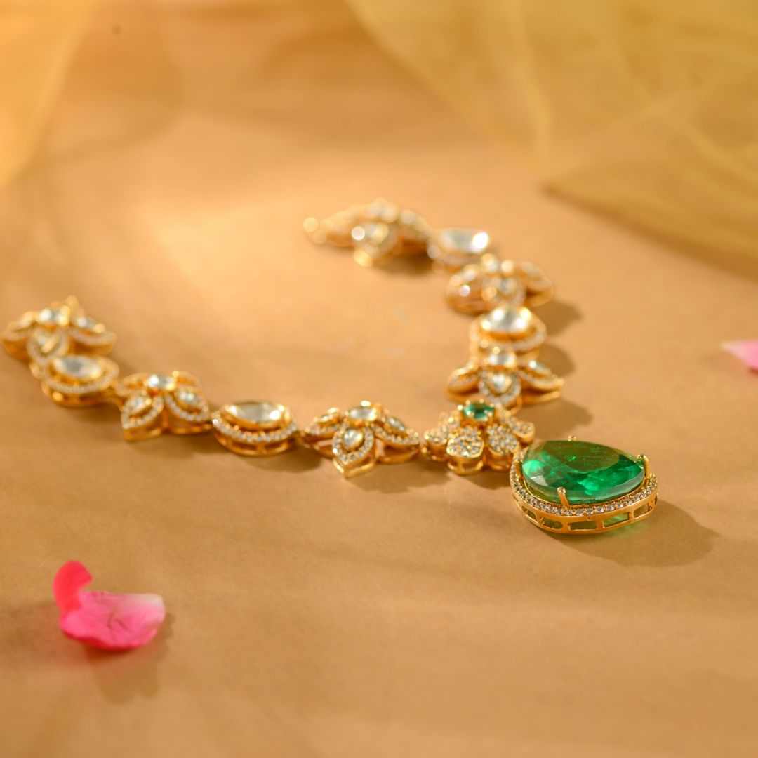 92.5 Silver Royal Emerald Drop Necklace by Tavya Jewellery - side view
