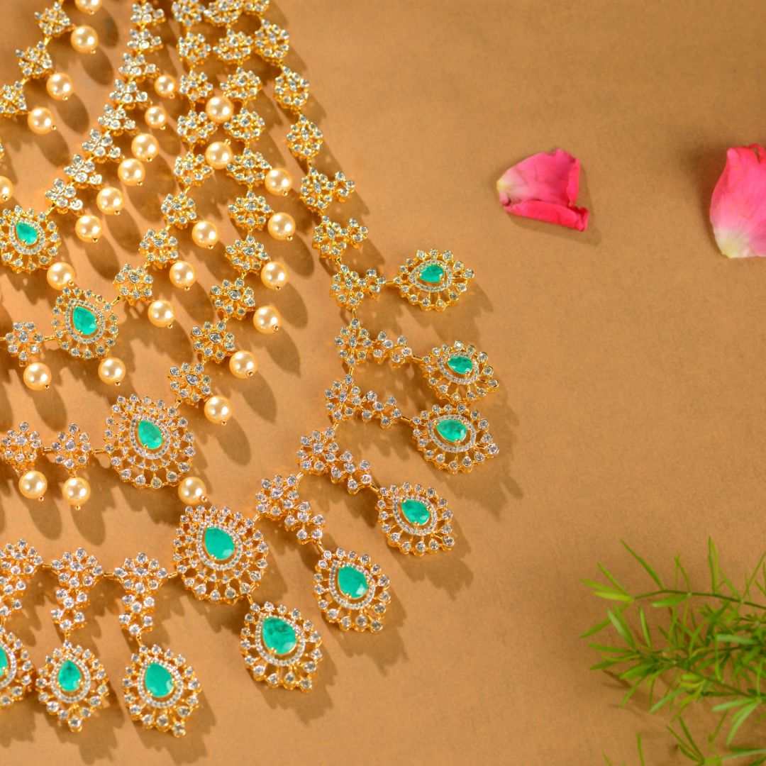 92.5 Silver American Diamond Layered Necklace with Pearl Drops by Tavya Jewellery - side view