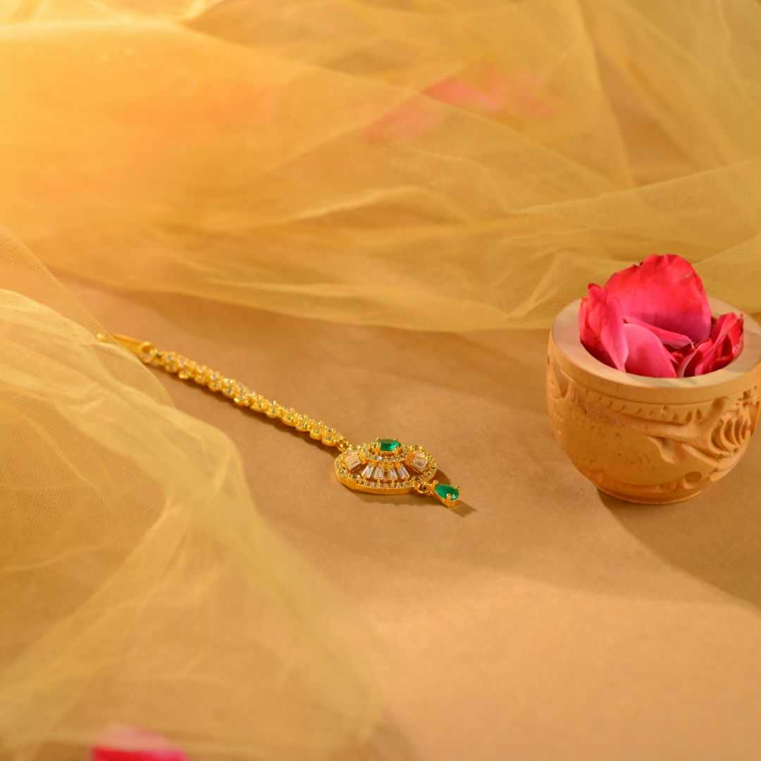 92.5 Silver Emerald CZ Maangtikka by Tavya Jewellery - side view