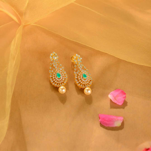 92.5 Silver Emerald Pearl CZ Earrings by Tavya Jewellery - front view
