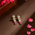 92.5 Silver Polki Drop Earrings with Pink Beads by Tavya Jewellery - front view