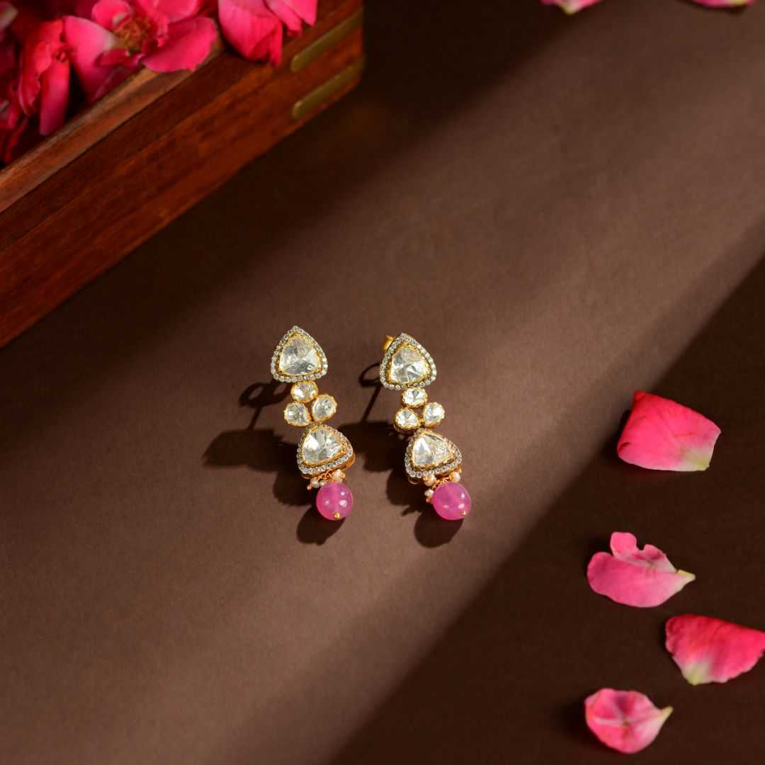 92.5 Silver Polki Drop Earrings with Pink Beads by Tavya Jewellery - front view