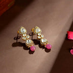 92.5 Silver Polki Drop Earrings with Pink Beads by Tavya Jewellery - side view