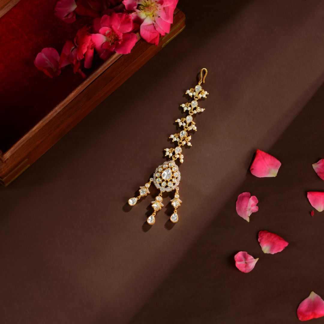 92.5 Silver Royal Kundan Pearl Maangtikka by Tavya Jewellery - front view
