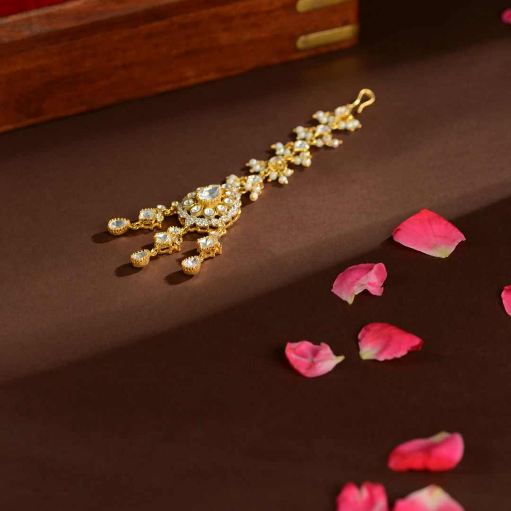 92.5 Silver Royal Kundan Pearl Maangtikka by Tavya Jewellery - side view
