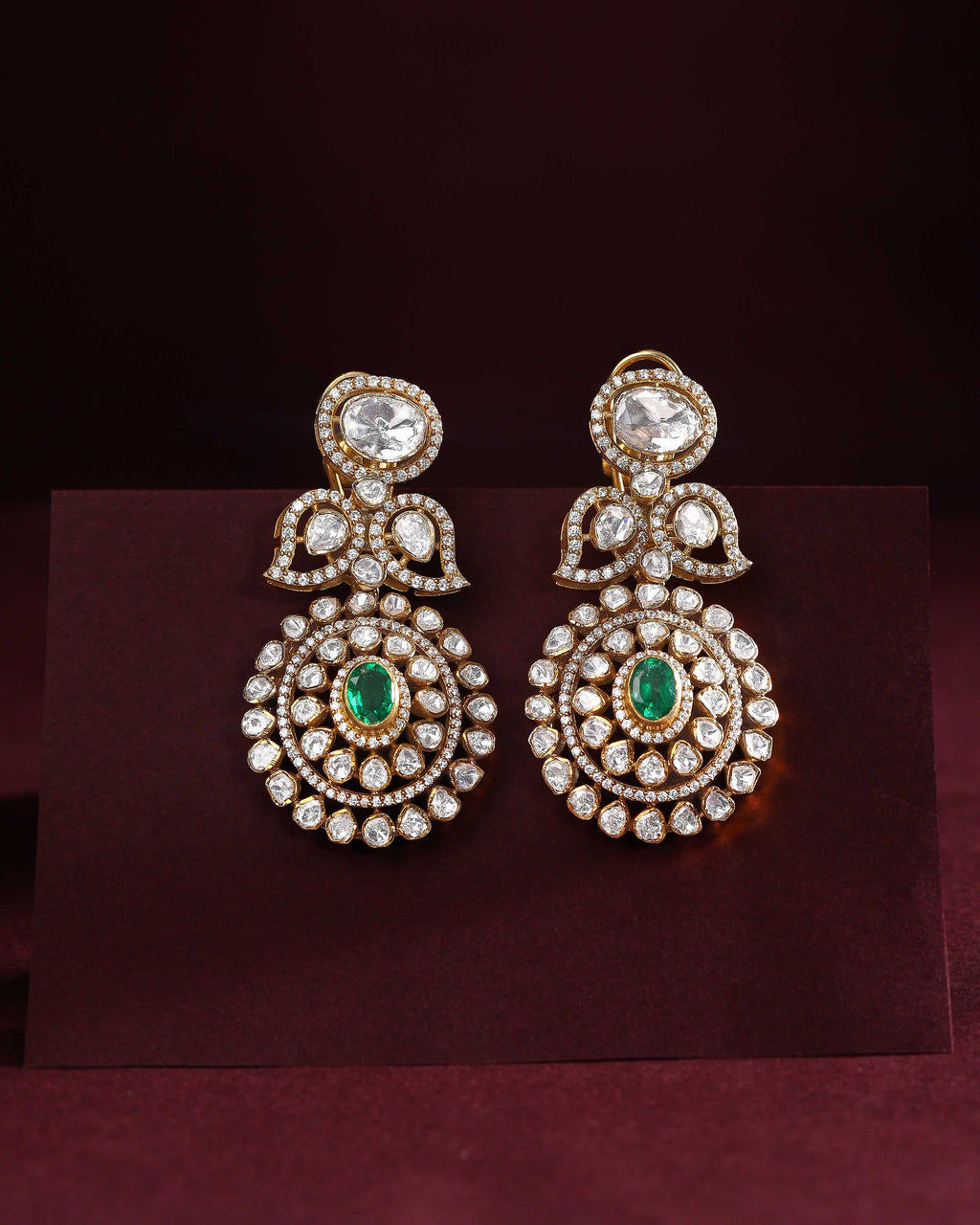 Empress Leaf-Motif Polki Style Silver Drop Earrings by Tavya Jewellery - close-up detail