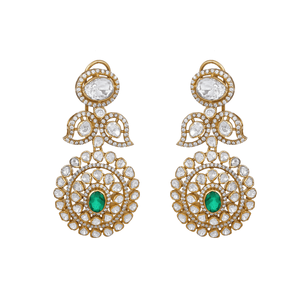 Empress Leaf-Motif Polki Style Silver Drop Earrings by Tavya Jewellery - front view
