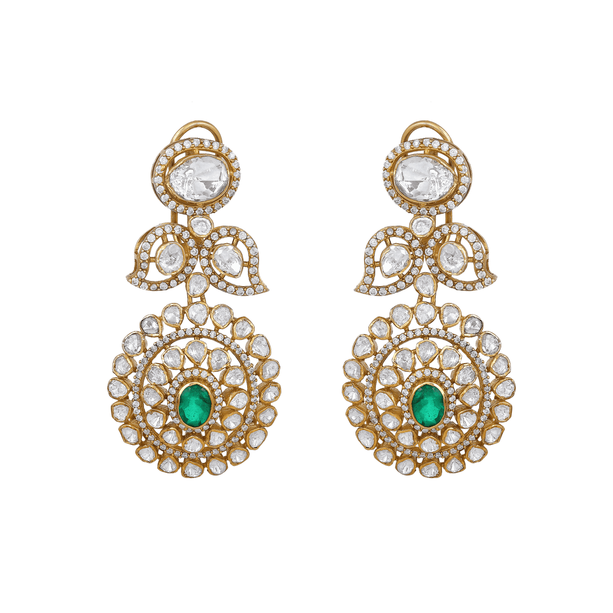 Empress Leaf-Motif Polki Style Silver Drop Earrings by Tavya Jewellery - front view
