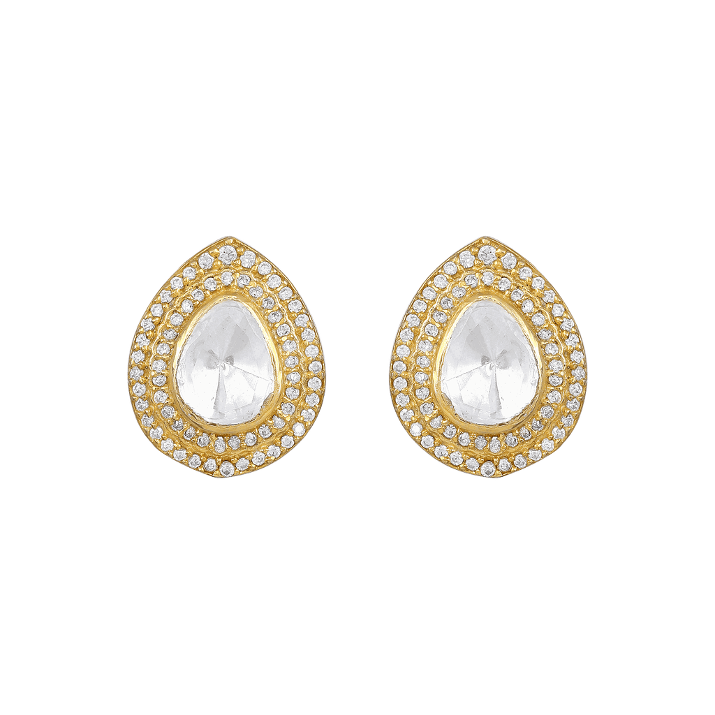 Majestic Pear-Cut Polki style pear-shaped studs in gold-plated 92.5 silver with clear cubic zirconia and pavé-set accents.
